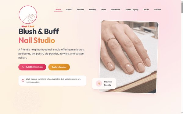 Blush & Buff Nail Studio Multi-page website preview
