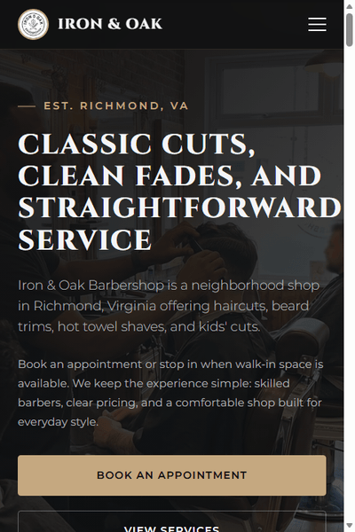 Iron & Oak Barbershop website preview