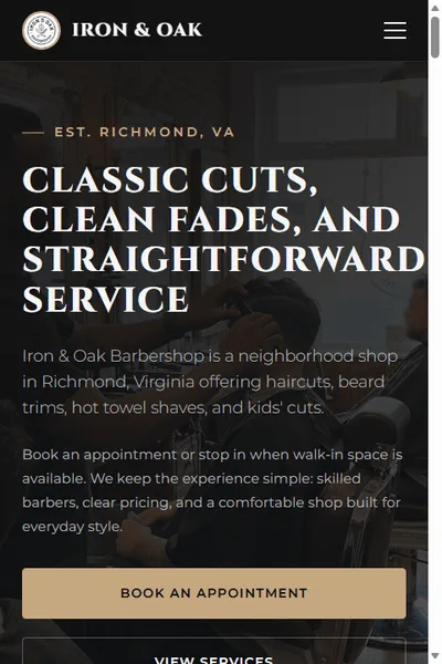 Iron & Oak Barbershop website preview