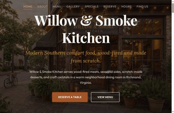Willow and Smoke Kitchen sample website preview