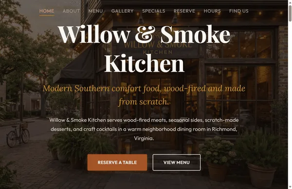 Willow and Smoke Kitchen sample website preview