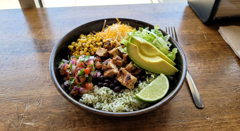 Fresh Burrito Bowl with chicken and avocado