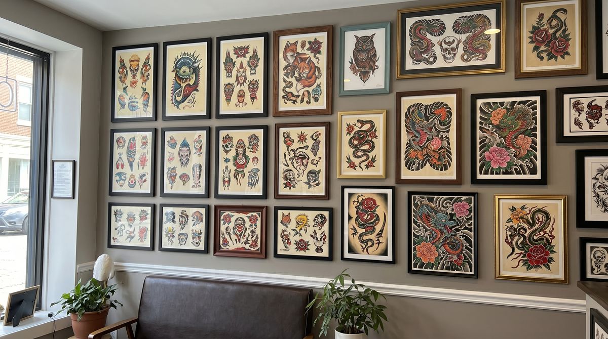 Tattoo designs and flash sheets on the wall