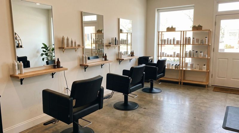 Modern hair styling stations and interior of Prism & Pine salon