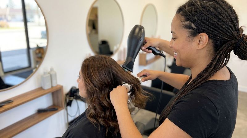 Stylist working with client in chair on styling cut