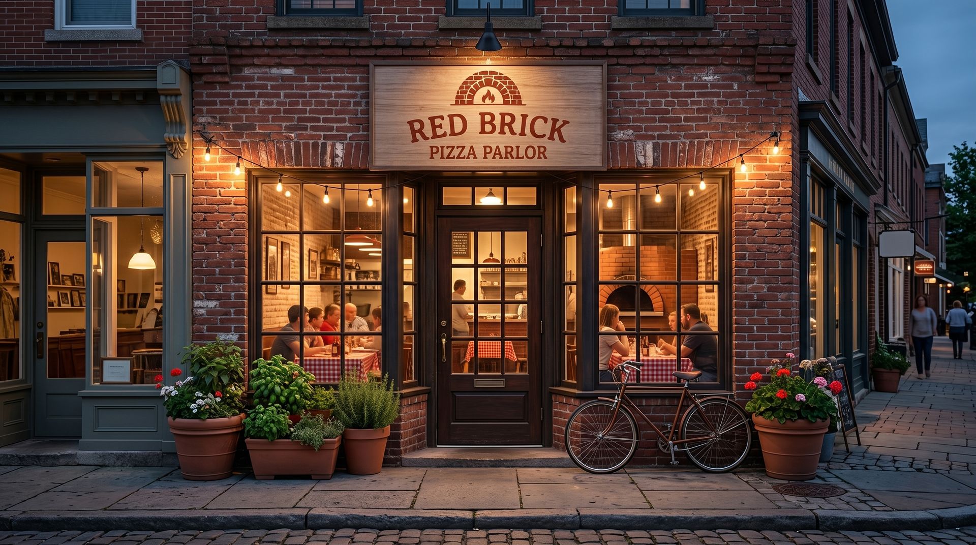 Red Brick Pizza Parlor Exterior and Neighborhood Vibe