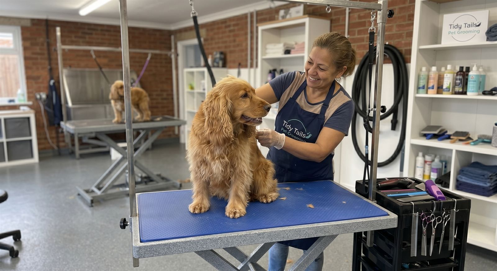 Groomer gentle handling a dog in Tidy Tails studio